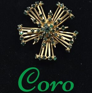 Coro Vintage Atomic Starburst Vintage Green Rhinestone Brooch Mid Century Modern